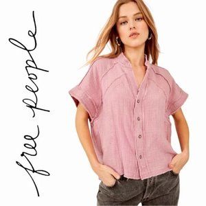 Free People Womens XS Dreamy Days Shirt Lilac pink V-neck Button Raw Edge Top